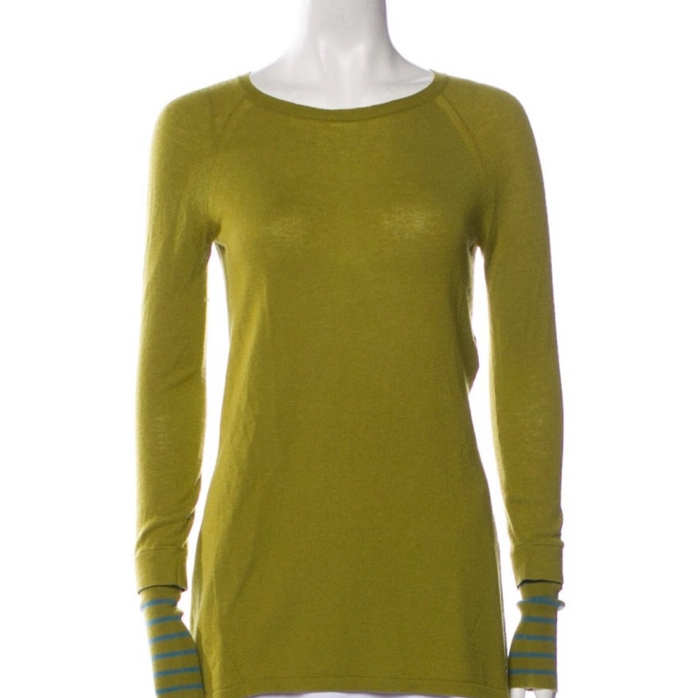 Loro Piana Lime Green Sweater with Blue Striped Cuffs